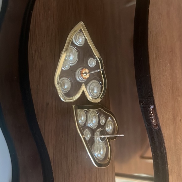 Heart-Shaped Pearl Enamel Drop Earrings - Picture 6 of 6